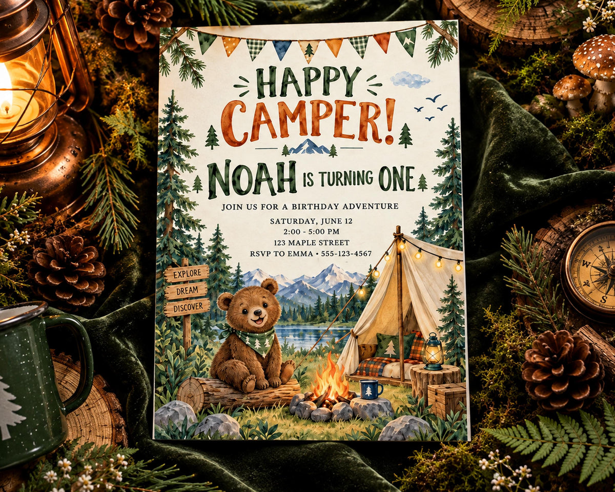 The image is a birthday invitation for Noah, featuring a camping scene with a teddy bear, a tent, and pine cones.