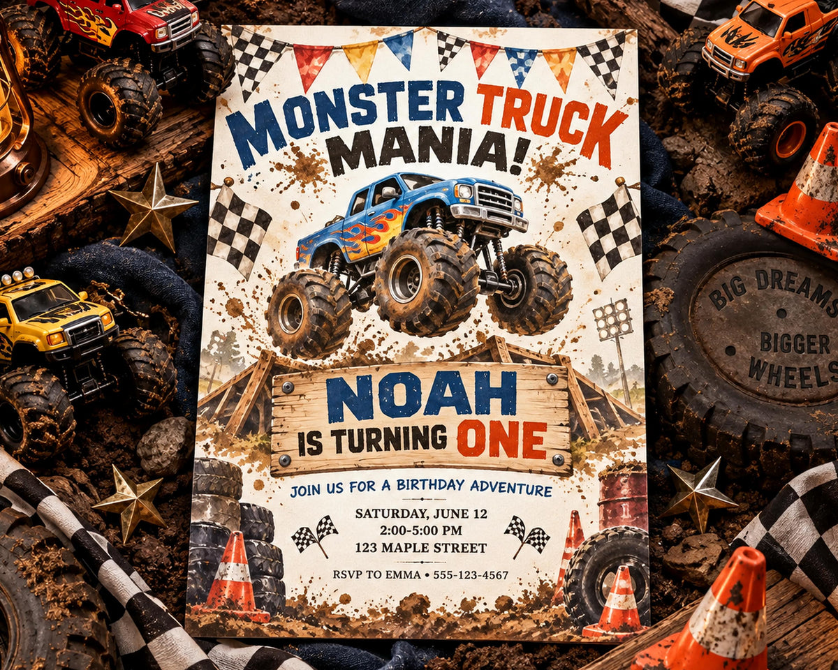 The image is a birthday party invitation featuring a monster truck theme, with various monster truck toys and dirt scattered around.