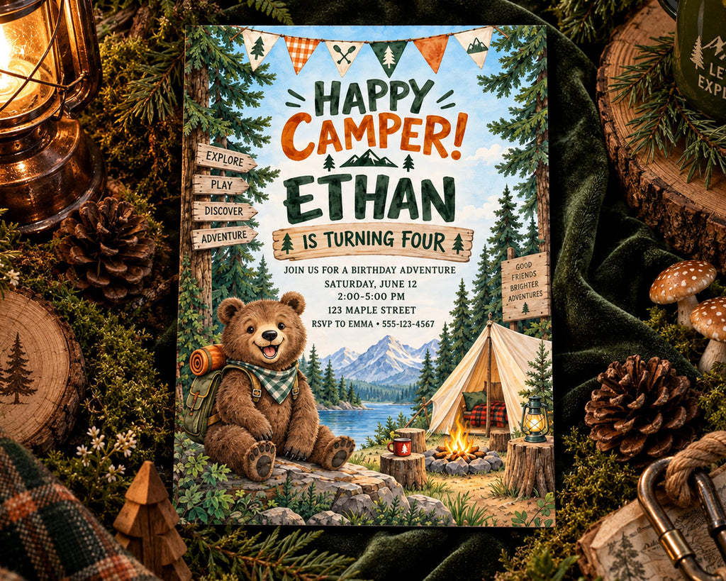 The image is a birthday invitation for a boy named Ethan, featuring a bear and camping elements, with a forest setting and a campfire.
