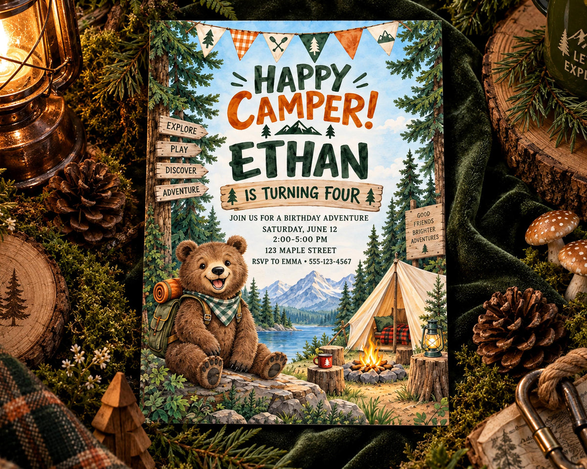 The image is a birthday invitation for a boy named Ethan, featuring a bear and camping elements, with a forest setting and a campfire.