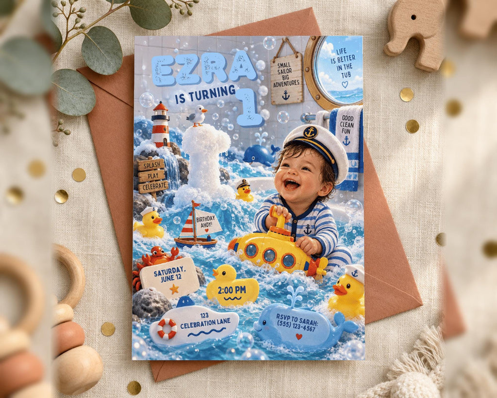 The image is a birthday party invitation for a child named EZRA, who is turning one. The invitation features a playful and colorful design with a young child riding a submarine, surrounded by various nautical elements such as a lighthouse, bubbles, and rubber ducks. The invitation also includes details about the party, including the date, time, and location.