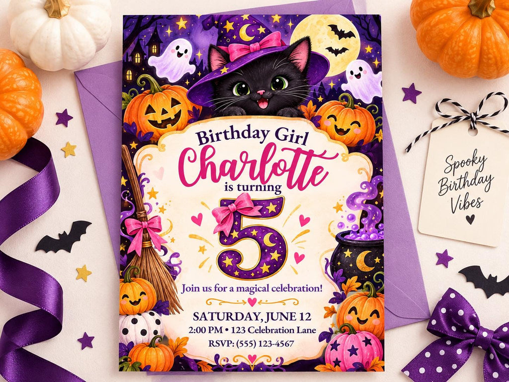 Friendly Halloween Cat 5th Birthday Invitation for Girl, Editable Canva Template, 5x7