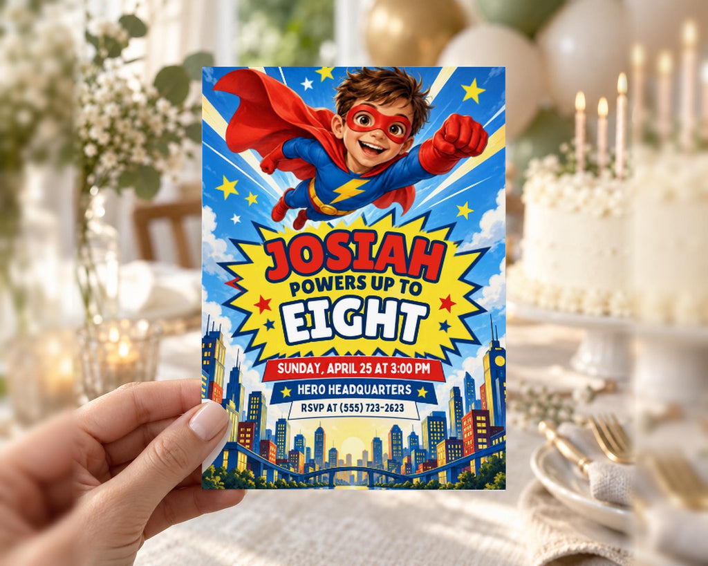 The image is a birthday invitation for a child named Joshua, featuring a superhero theme.