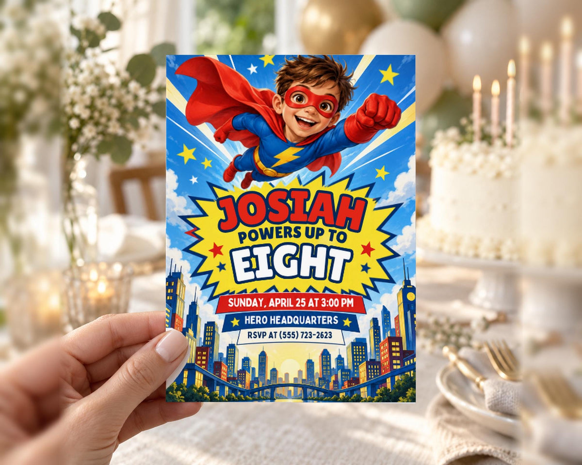 The image is a birthday invitation for a child named Joshua, featuring a superhero theme.