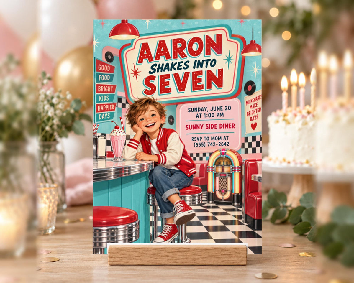 A colorful invitation card for a " Aaron Shakes into Seven" party, featuring a young boy sitting at a diner counter with a jukebox and neon lights in the background.
