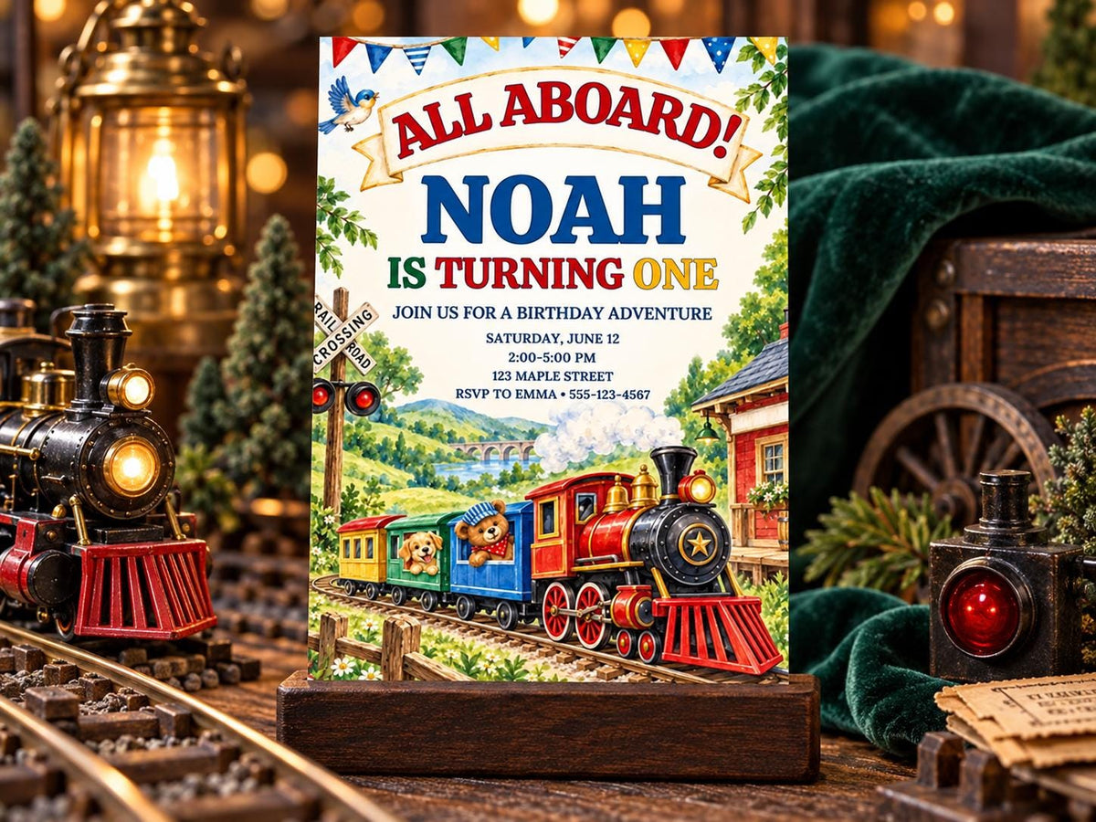 The image is a birthday invitation for a train-themed party, featuring a colorful illustration of a train and a birthday banner.