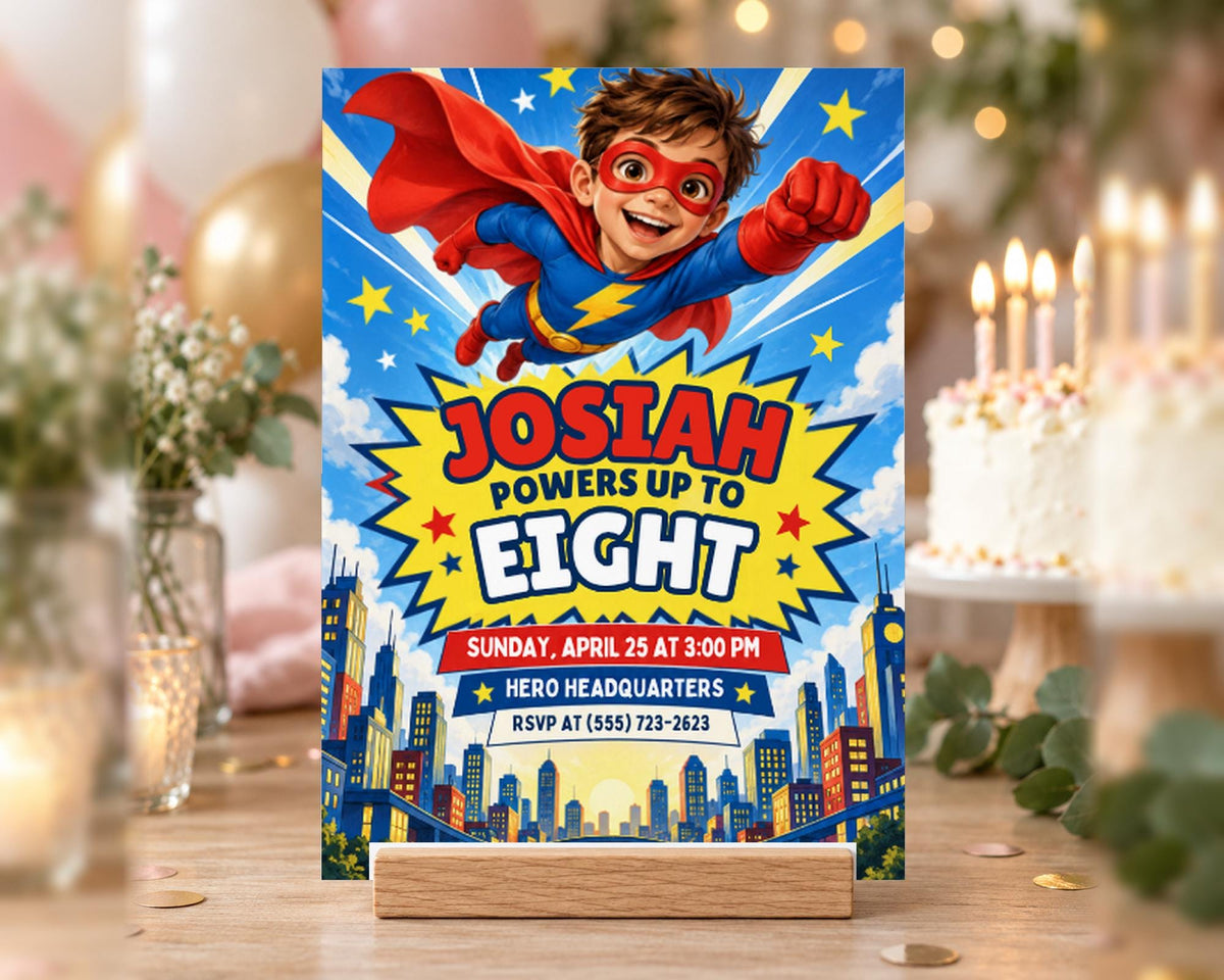 A birthday party invitation featuring a superhero character, with a cake and balloons in the background.