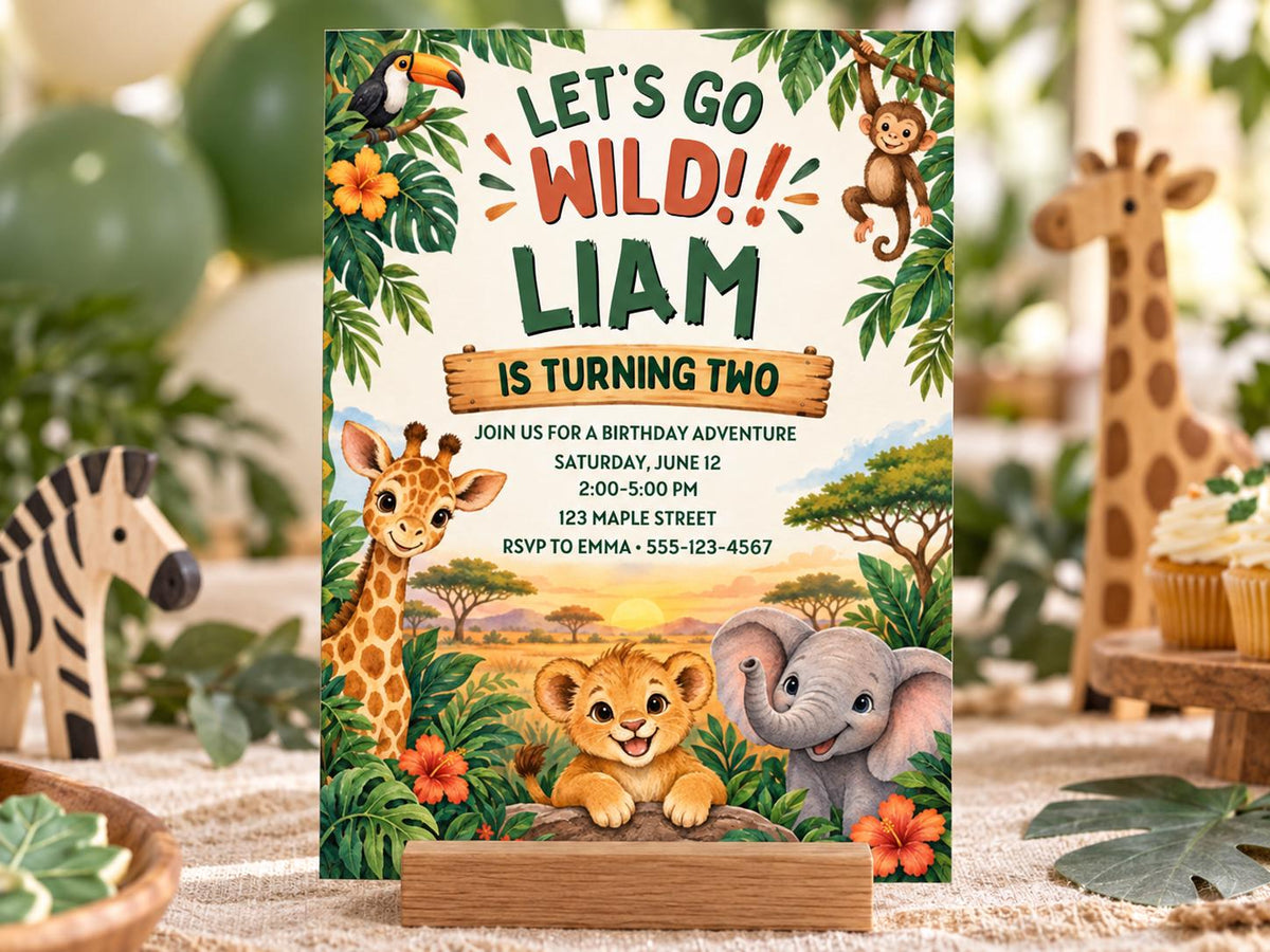 The image is a birthday invitation featuring a jungle theme with various animals such as a giraffe, zebra, monkey, and elephant. The text on the invitation reads "Let's go wild! Liam is turning two" and provides details about the birthday party, including the date, time, location, and RSVP information.