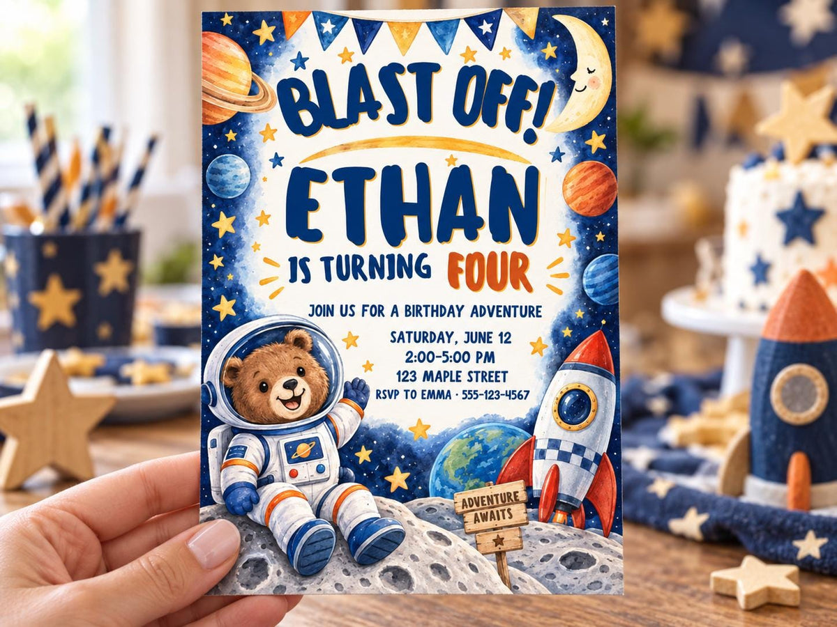a birthday party invitation for a boy named Ethan, who is turning four years old. The invitation includes a space theme with a teddy bear astronaut, a rocket ship, and various planets and stars. The invitation also provides details about the party, including the date, time, location, and RSVP information.