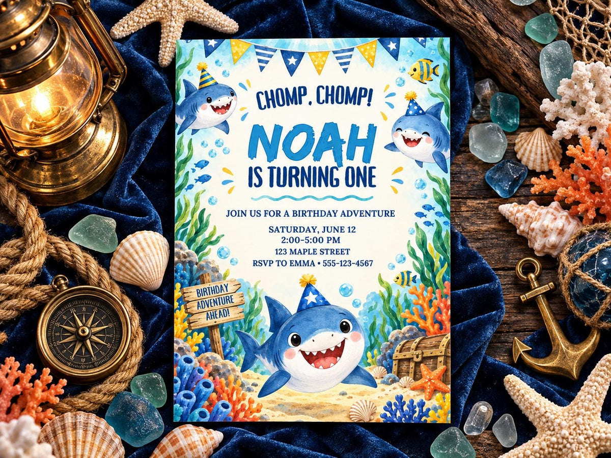 The image is a birthday invitation for a child named Noah, featuring a shark theme with illustrations of sharks, starfish, and other marine life. The invitation is surrounded by various nautical and beach-themed items, such as a lantern, seashells, and an anchor, creating a nautical atmosphere.