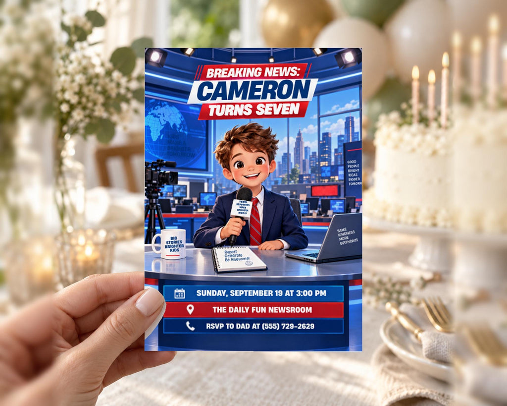 The image is a hand holding a party invitation featuring a cartoon character, Cameron, who is turning seven years old. The invitation includes details about the event, such as the date, time, location, and a phone number for the father to RSVP.