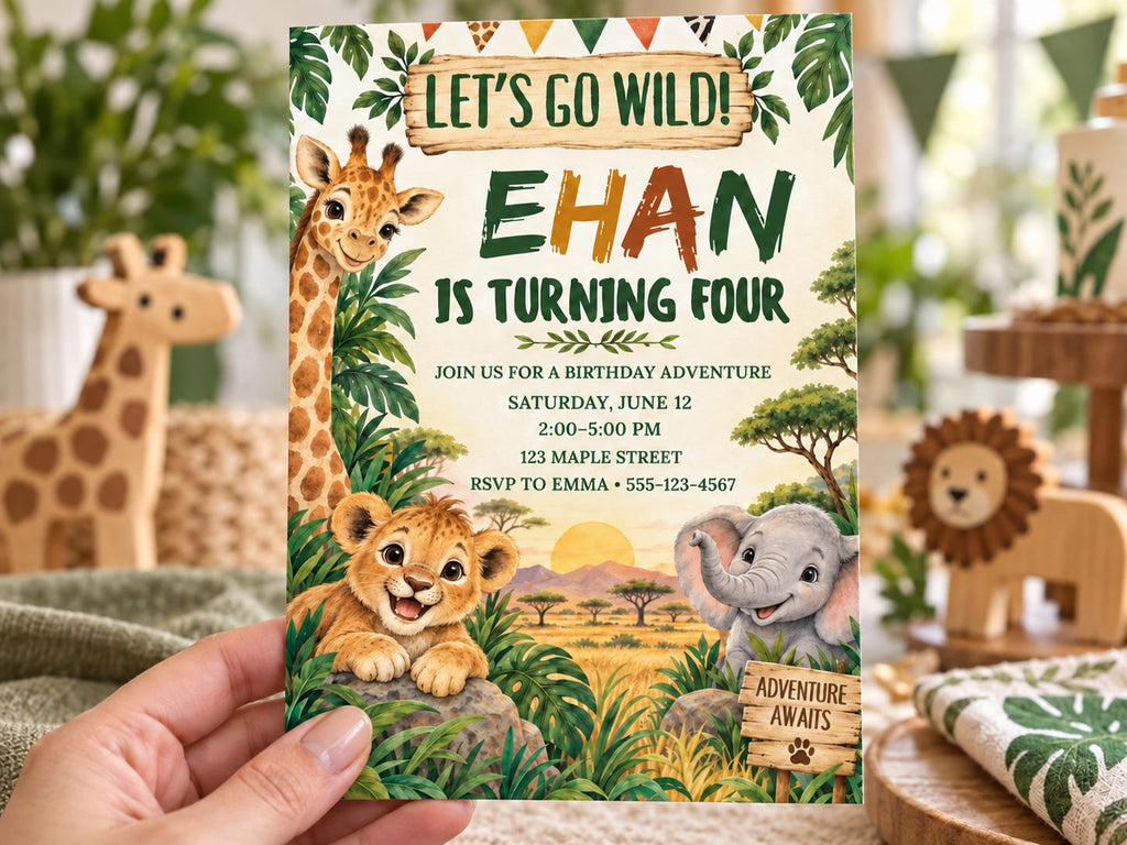 a birthday invitation for a child named Ehan, which includes illustrations of a giraffe, lion, and elephant.