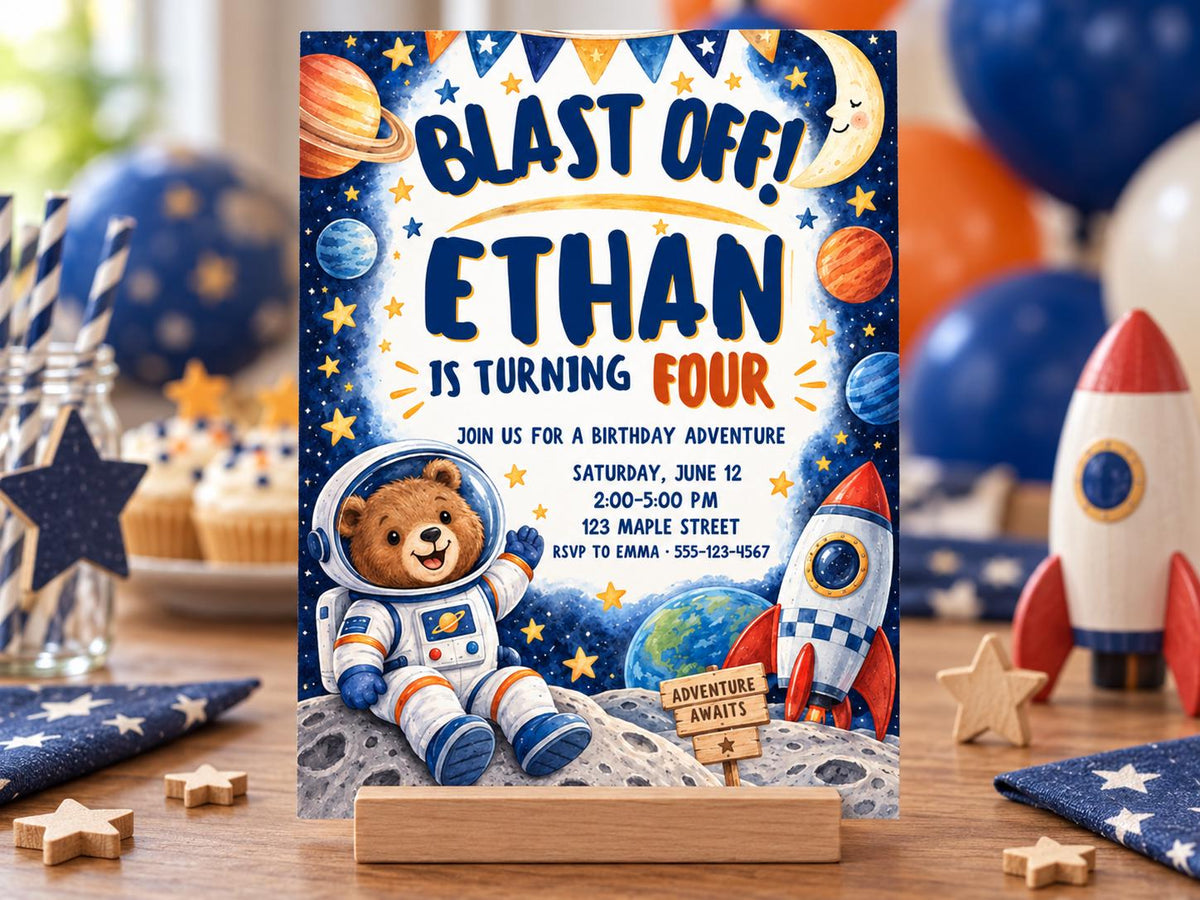 The image is a birthday party invitation for a boy named Ethan, who is turning four years old. The invitation features a space theme with a teddy bear astronaut, planets, and a rocket ship. The invitation is set against a backdrop of a blue sky with stars and a moon.
