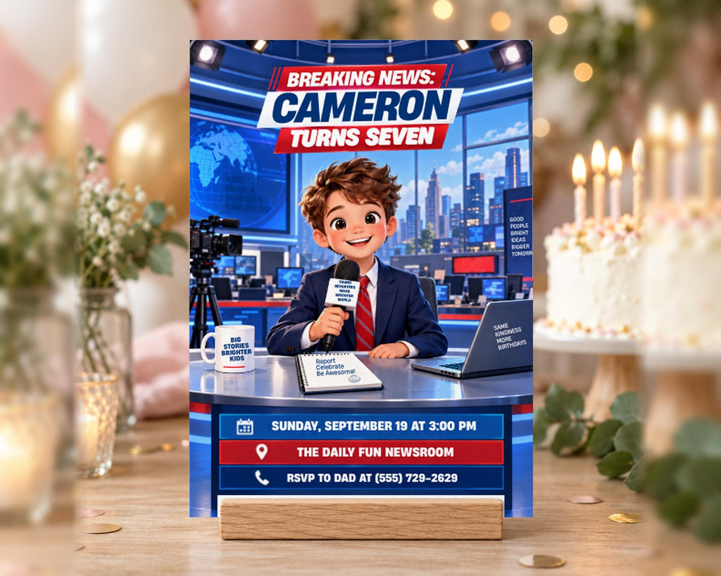 The image is a birthday party invitation featuring a cartoon boy holding a microphone, sitting at a news desk, with a birthday cake and balloons in the background.