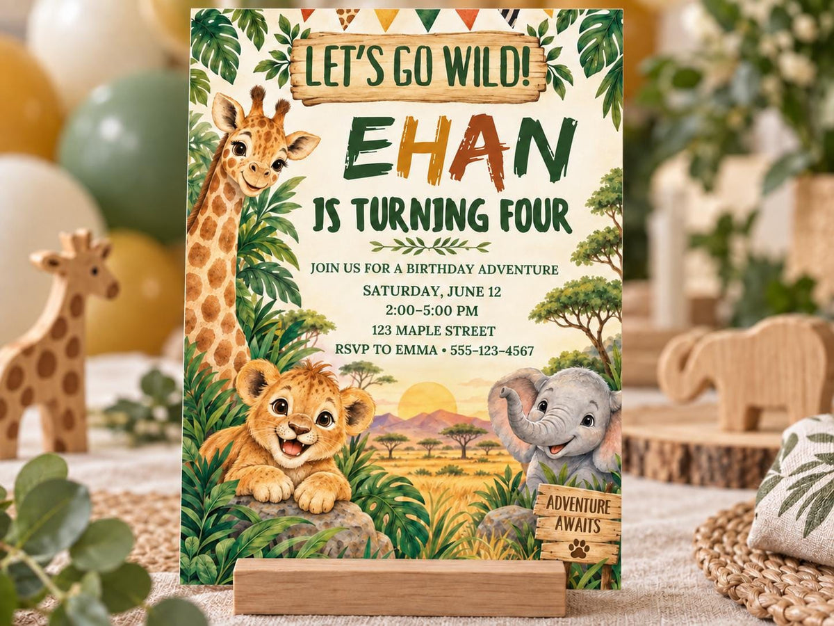 The image is a birthday invitation featuring a jungle theme with illustrations of a giraffe, lion, and elephant.