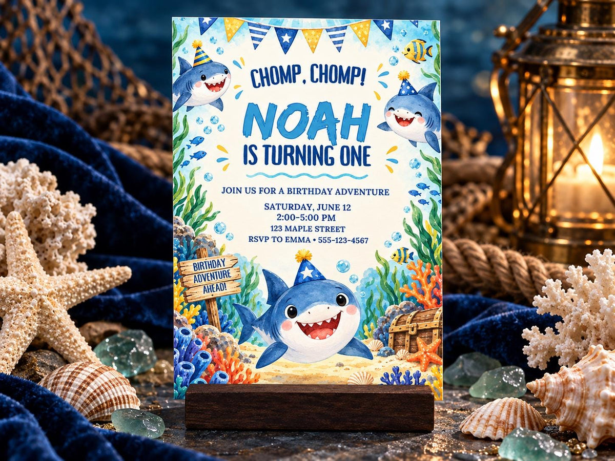 A colorful birthday party invitation featuring a cartoon shark character and ocean-themed decorations, with the text "CHOP, CHOP! NOAH IS TURNING ONE" and details about the birthday party.