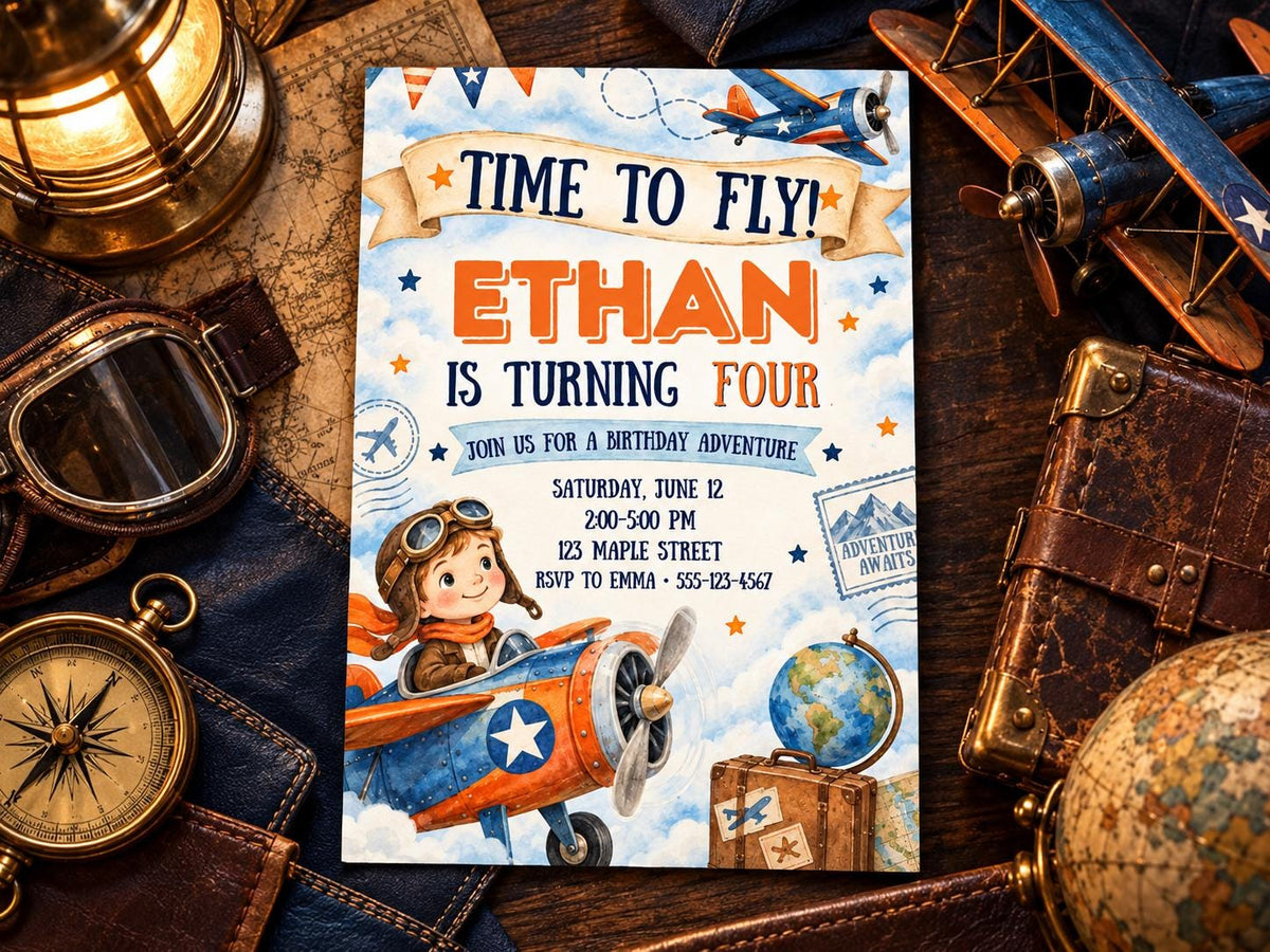 The image is a birthday invitation for a boy named Ethan, who is turning four years old. The invitation features a young boy riding a plane, surrounded by various aviation-themed items such as a globe, a model airplane, and a compass.