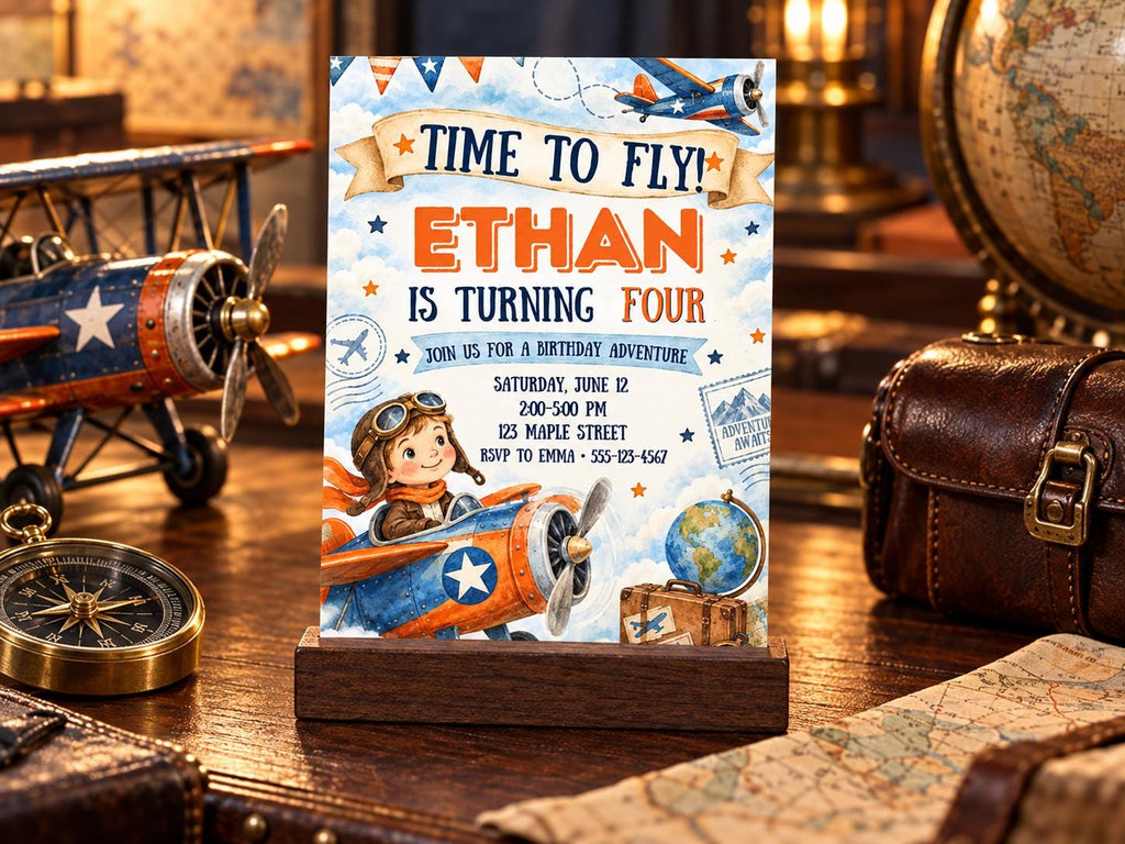 A birthday party invitation for a child named Ethan, who is turning four years old. The invitation features a colorful airplane design and includes details about the birthday party, such as the date, time, and location.