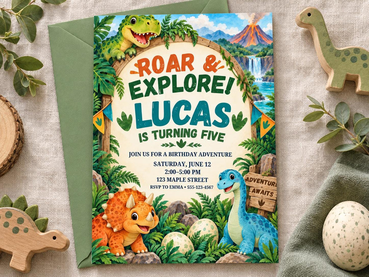 The image is a birthday invitation for a dinosaur-themed party for a child named Lucas, who is turning five.