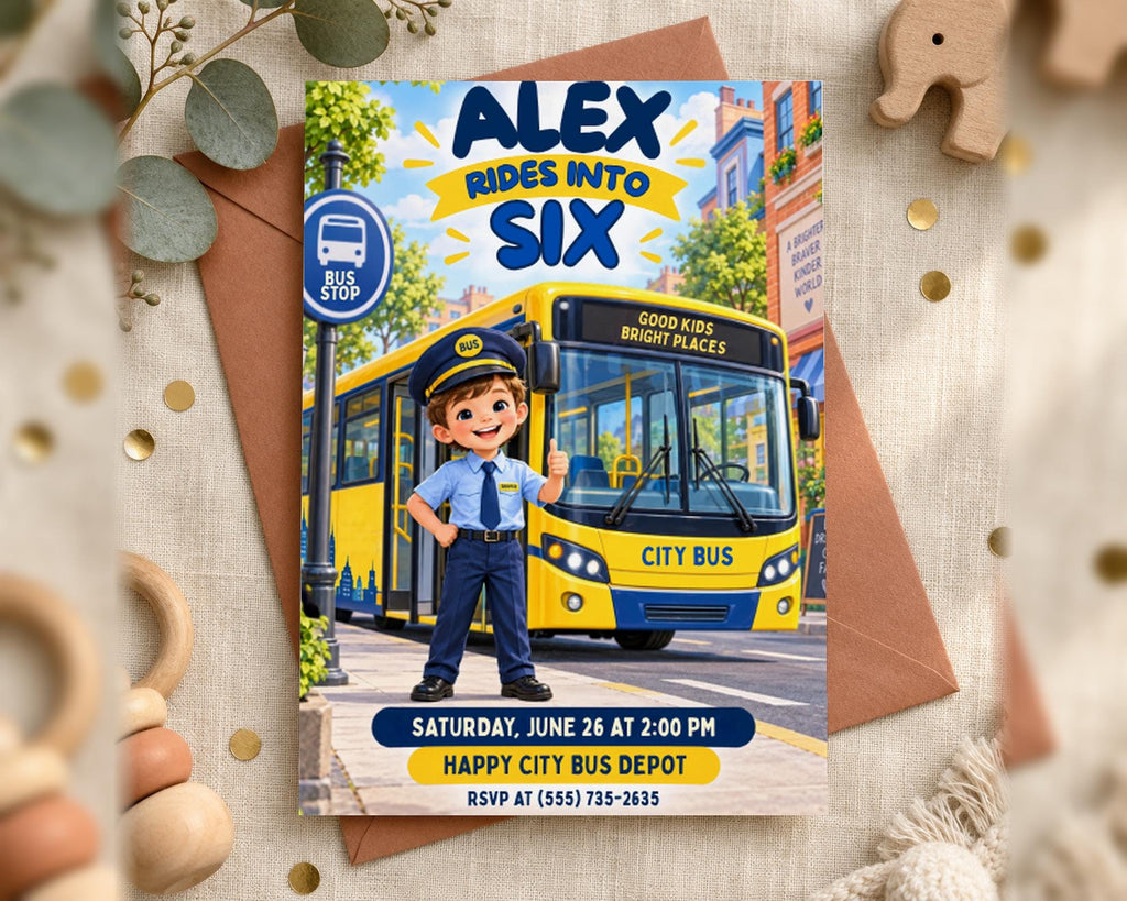 The image is a birthday invitation featuring a cartoon bus character, Alex, who rides into Six. The invitation is for a birthday party on Saturday, June 26 at 2:00 PM at the Happy City Bus Depot.