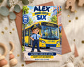 The image is a birthday invitation featuring a cartoon bus character, Alex, who rides into Six. The invitation is for a birthday party on Saturday, June 26 at 2:00 PM at the Happy City Bus Depot.