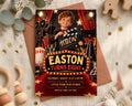 The image is a birthday invitation for a young boy named Easton, who is turning eight years old. The invitation features a young boy holding a clapperboard, surrounded by various movie-related elements such as popcorn, a film projector, and a red curtain. The event is scheduled for Saturday, August 14th at 4:00 PM at the Little Star Film Studio, and guests are invited to attend the party at (205) 731-2631.