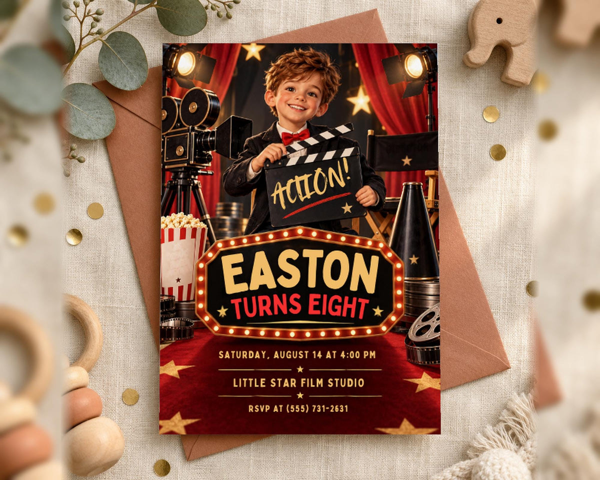 The image is a birthday invitation for a young boy named Easton, who is turning eight years old. The invitation features a young boy holding a clapperboard, surrounded by various movie-related elements such as popcorn, a film projector, and a red curtain. The event is scheduled for Saturday, August 14th at 4:00 PM at the Little Star Film Studio, and guests are invited to attend the party at (205) 731-2631.