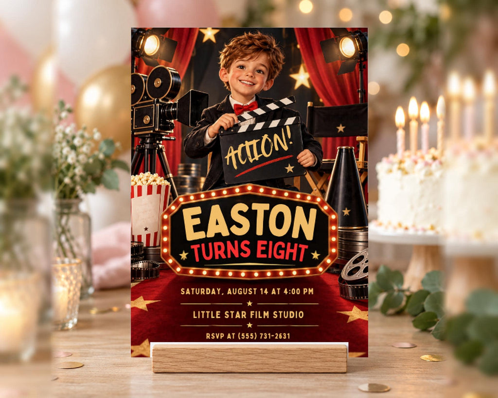 The image is a birthday invitation for a young boy named Easton, who is turning eight years old. The invitation features a young boy holding a clapperboard, surrounded by various movie-related elements such as popcorn, a cake, and a film projector. The event is scheduled for Saturday, August 14 at 4:00 PM at the Little Star Film Studio.