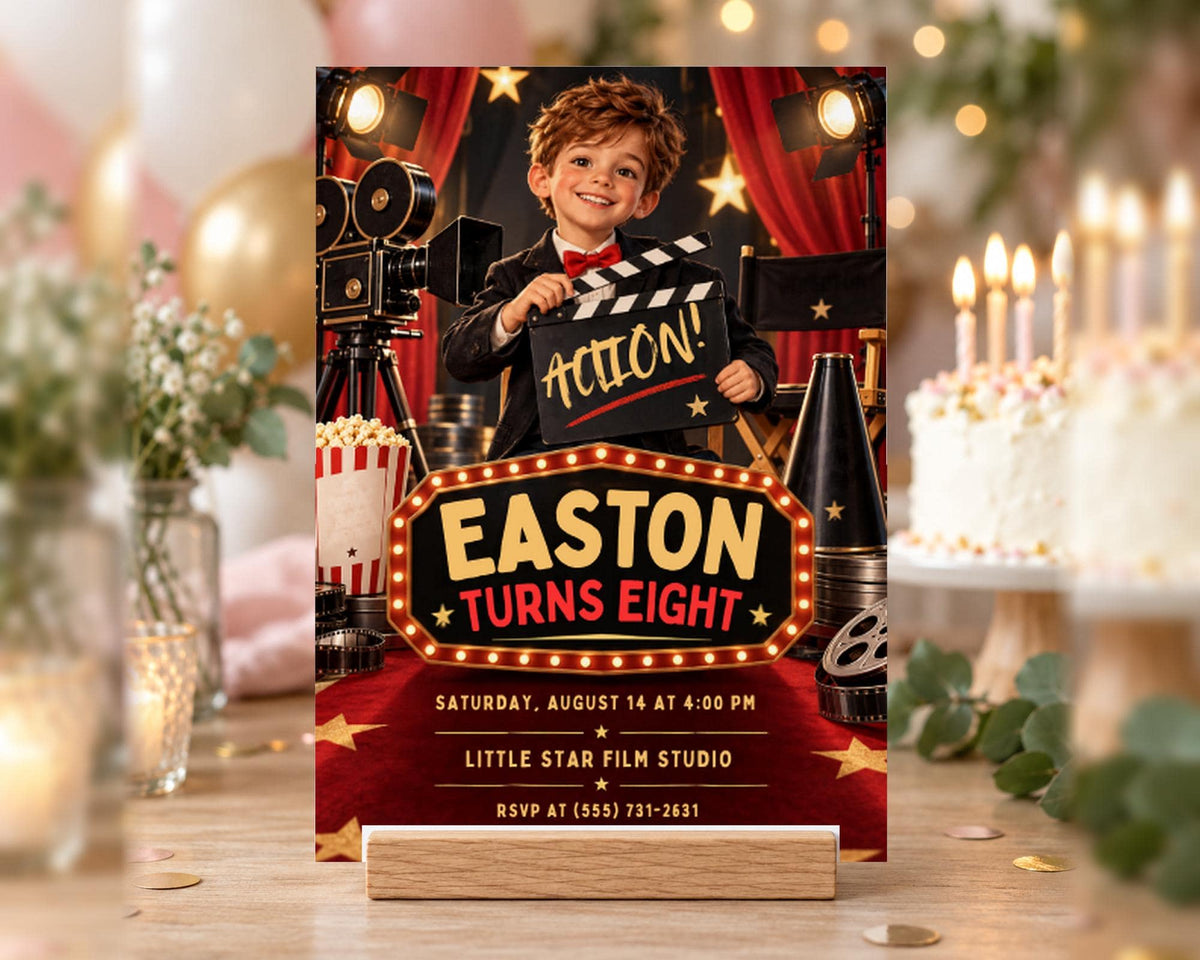 The image is a birthday invitation for a young boy named Easton, who is turning eight years old. The invitation features a young boy holding a clapperboard, surrounded by various movie-related elements such as popcorn, a cake, and a film projector. The event is scheduled for Saturday, August 14 at 4:00 PM at the Little Star Film Studio.