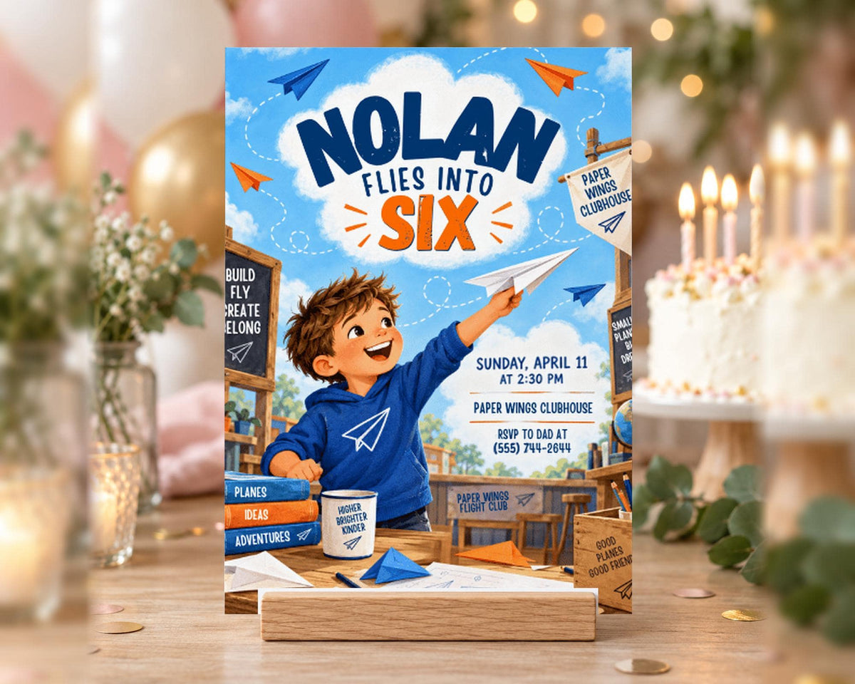 The image is a birthday party invitation featuring a young boy holding a paper airplane, surrounded by various party elements such as balloons, a cake, and a table with books and a cup.