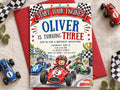 The image is a birthday invitation for a three-year-old named Oliver, featuring illustrations of racing cars and children.