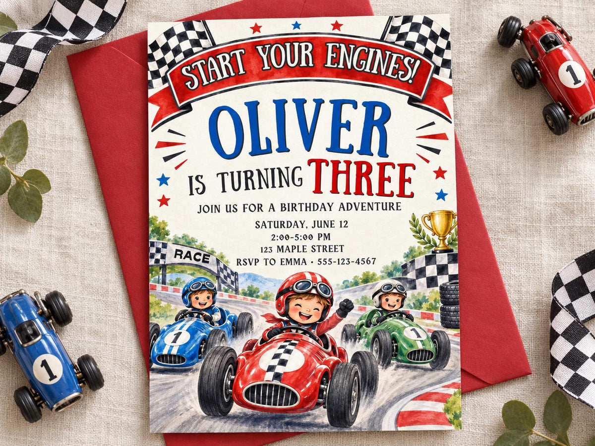 The image is a birthday invitation for a three-year-old named Oliver, featuring illustrations of racing cars and children.
