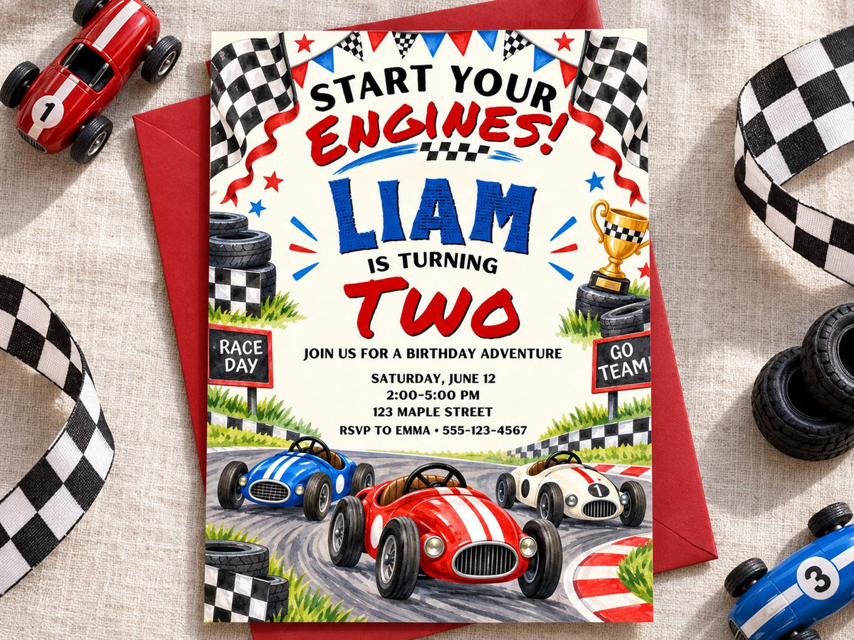 The image is a birthday invitation for a two-year-old named Liam, featuring a racing theme with toy cars and checkered flags.