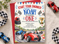 The image is a birthday invitation for a child named Noah, featuring a racing theme with toy cars and checkered flags.