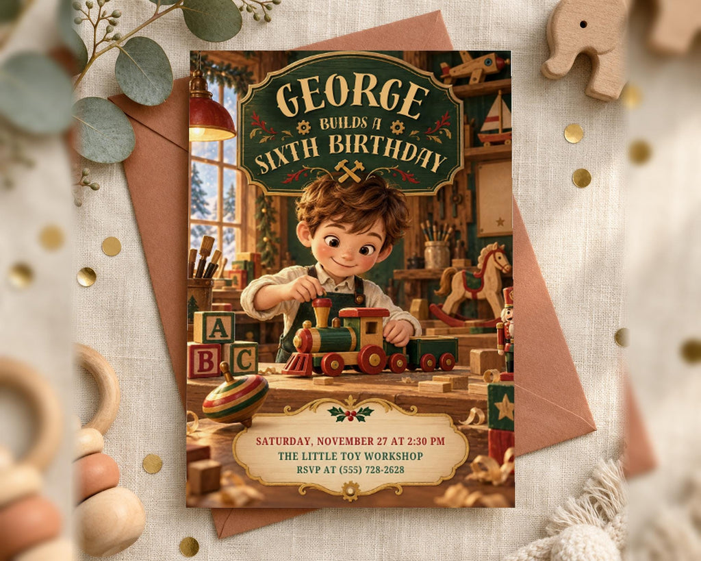 The image is a birthday invitation for a child named George, who is six years old. The invitation features a cartoon image of a young boy playing with toys, including a train and a toy horse. The text on the invitation reads "GEORGE BUILDS A SIXTH BIRTHDAY" and "SATURDAY, NOVEMBER 27 AT 2:30 PM THE LITTLE TINY WORKSHOP RSVP AT (55) 728-2628".