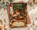 The image is a birthday invitation for a child named George, who is six years old. The invitation features a cartoon image of a young boy playing with toys, including a train and a toy horse. The text on the invitation reads "GEORGE BUILDS A SIXTH BIRTHDAY" and "SATURDAY, NOVEMBER 27 AT 2:30 PM THE LITTLE TINY WORKSHOP RSVP AT (55) 728-2628".