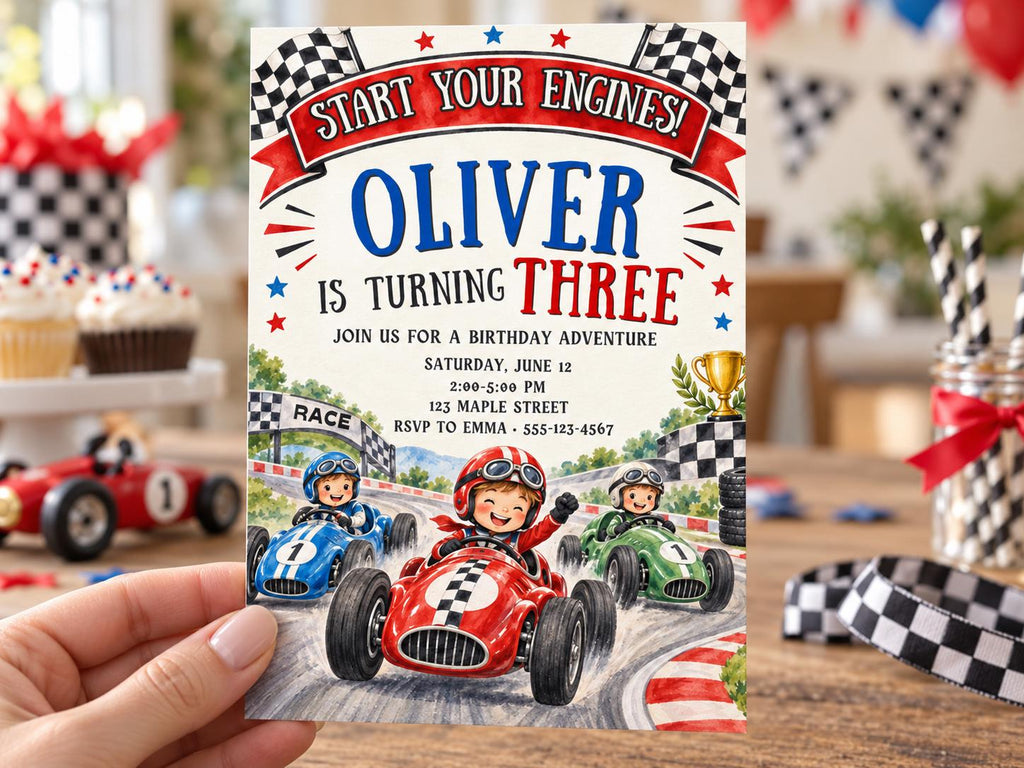 The image is a birthday invitation for a three-year-old named Oliver, featuring illustrations of racing cars and children.