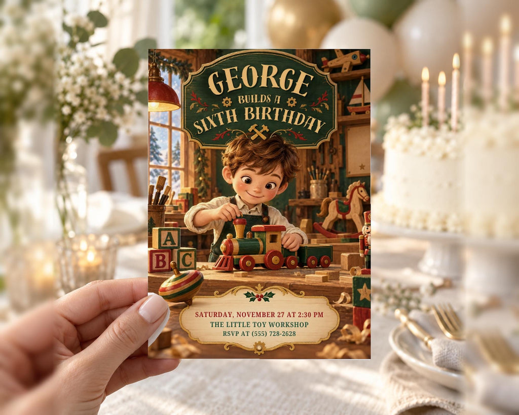 The image is a birthday invitation for a child named George, who is turning six years old. The invitation features a cartoon image of a young boy playing with toys, and the text invites guests to a birthday party at The Little Toy Shop.
