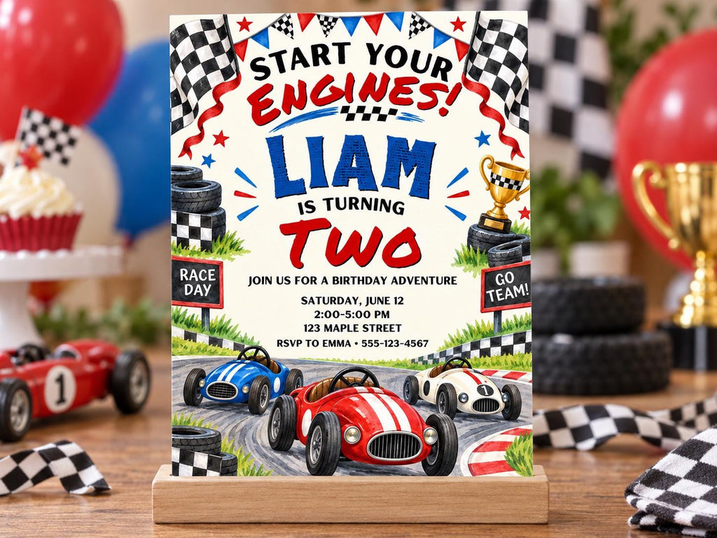 The image is a birthday party invitation for a child named Liam, who is turning two years old. The invitation features a racing theme with images of cars and checkered flags, along with details about the birthday party.