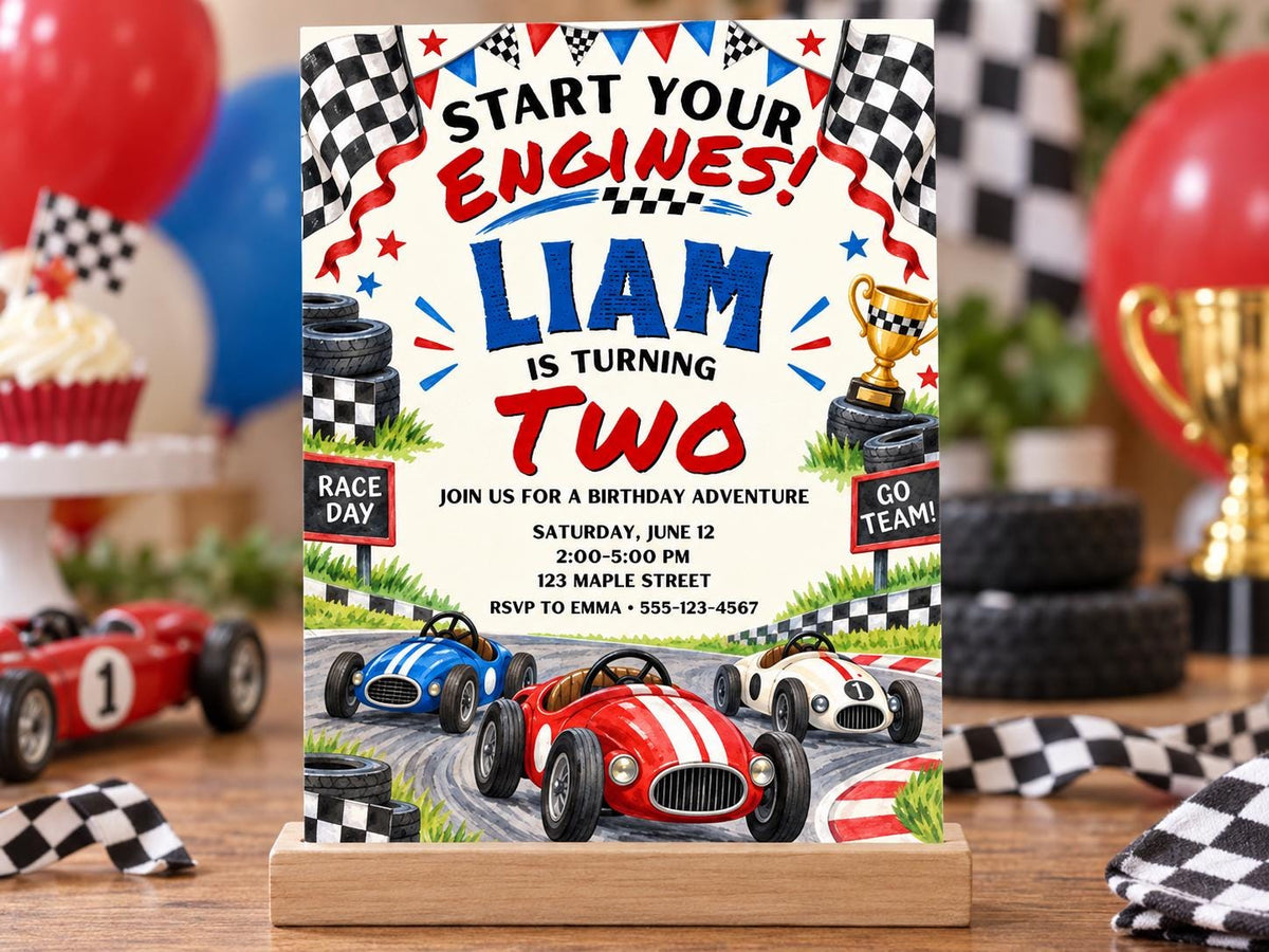 The image is a birthday party invitation for a child named Liam, who is turning two years old. The invitation features a racing theme with images of cars and checkered flags, along with details about the birthday party.