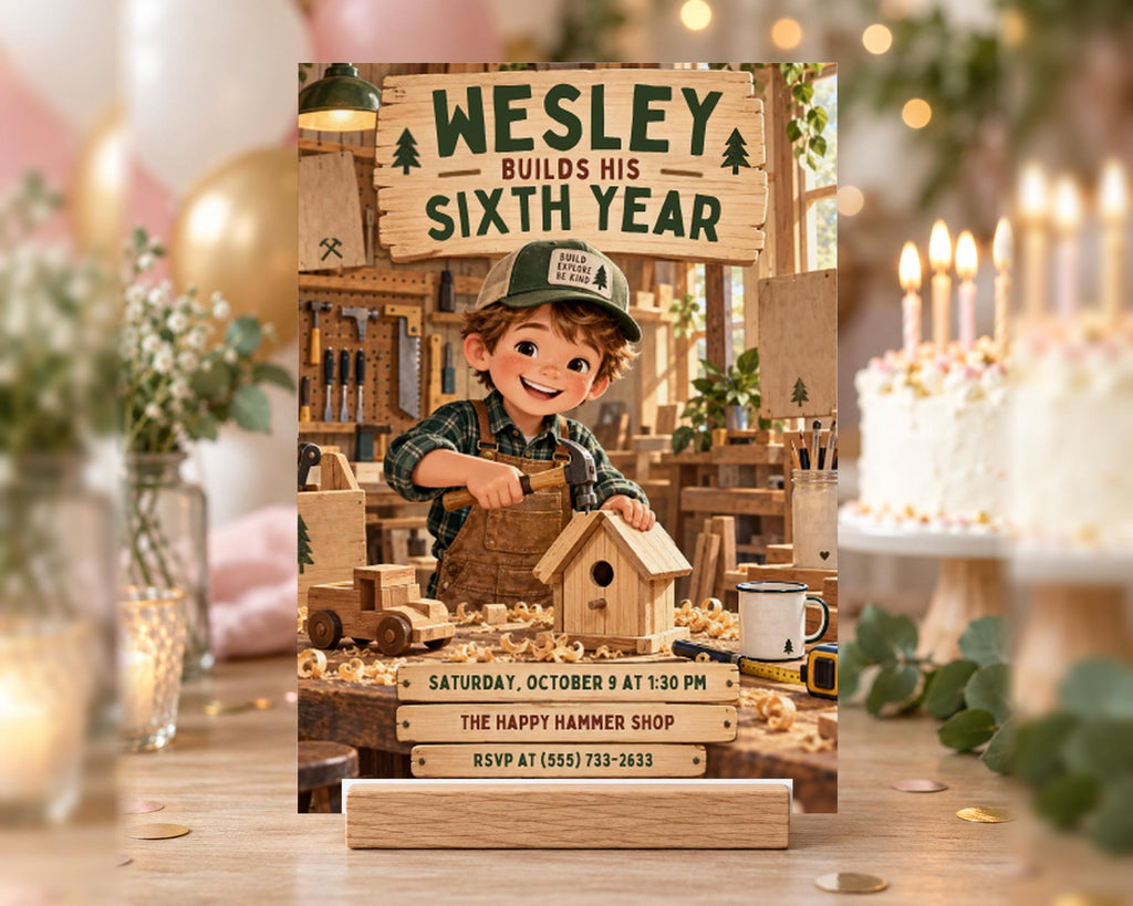 The image is a birthday invitation for a boy named Wesley, who is turning six years old. The invitation features a cartoon image of a young boy working on a birdhouse in a workshop, surrounded by various tools and decorations.