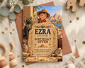The image is a birthday invitation featuring a young boy dressed as an explorer, surrounded by Egyptian-themed decorations and a sandy landscape.