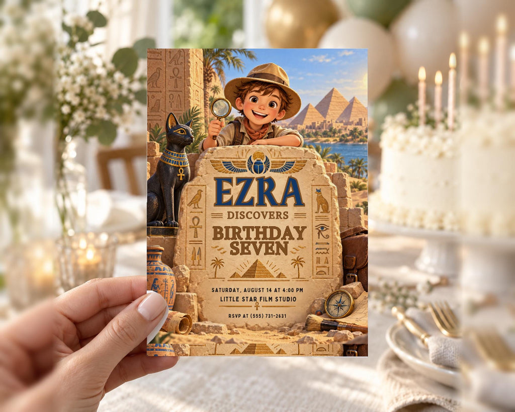 A hand holding a birthday invitation card with an illustration of a young boy dressed as an explorer, surrounded by Egyptian-themed decorations and a cake.