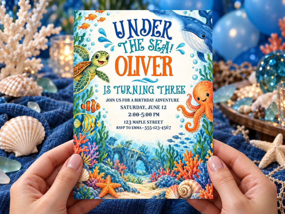 a birthday party invitation for a child named Oliver, with a theme of the ocean. The invitation includes illustrations of sea creatures such as a turtle, an octopus, and a whale, along with underwater elements like coral and bubbles. The invitation is held in someone's hands, and the background includes a blue and white color scheme with some decorations and balloons.