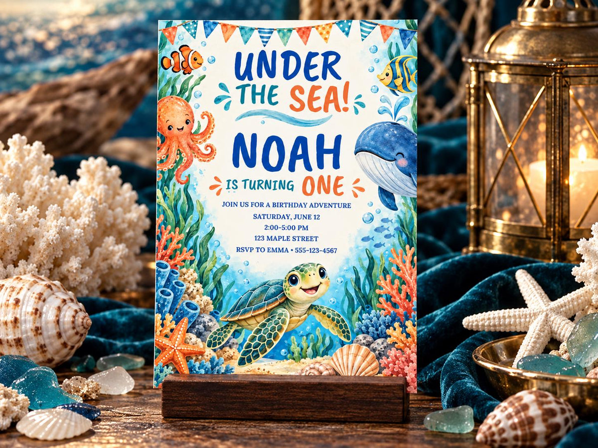 a birthday party invitation for Noah, who is turning one, with an underwater theme. The invitation is surrounded by various sea-themed decorations, including starfish, seashells, and a lantern.