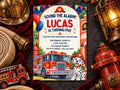 The image is a birthday invitation for a five-year-old named Lucas, featuring a fire truck and a Dalmatian dog as the main decorative elements.