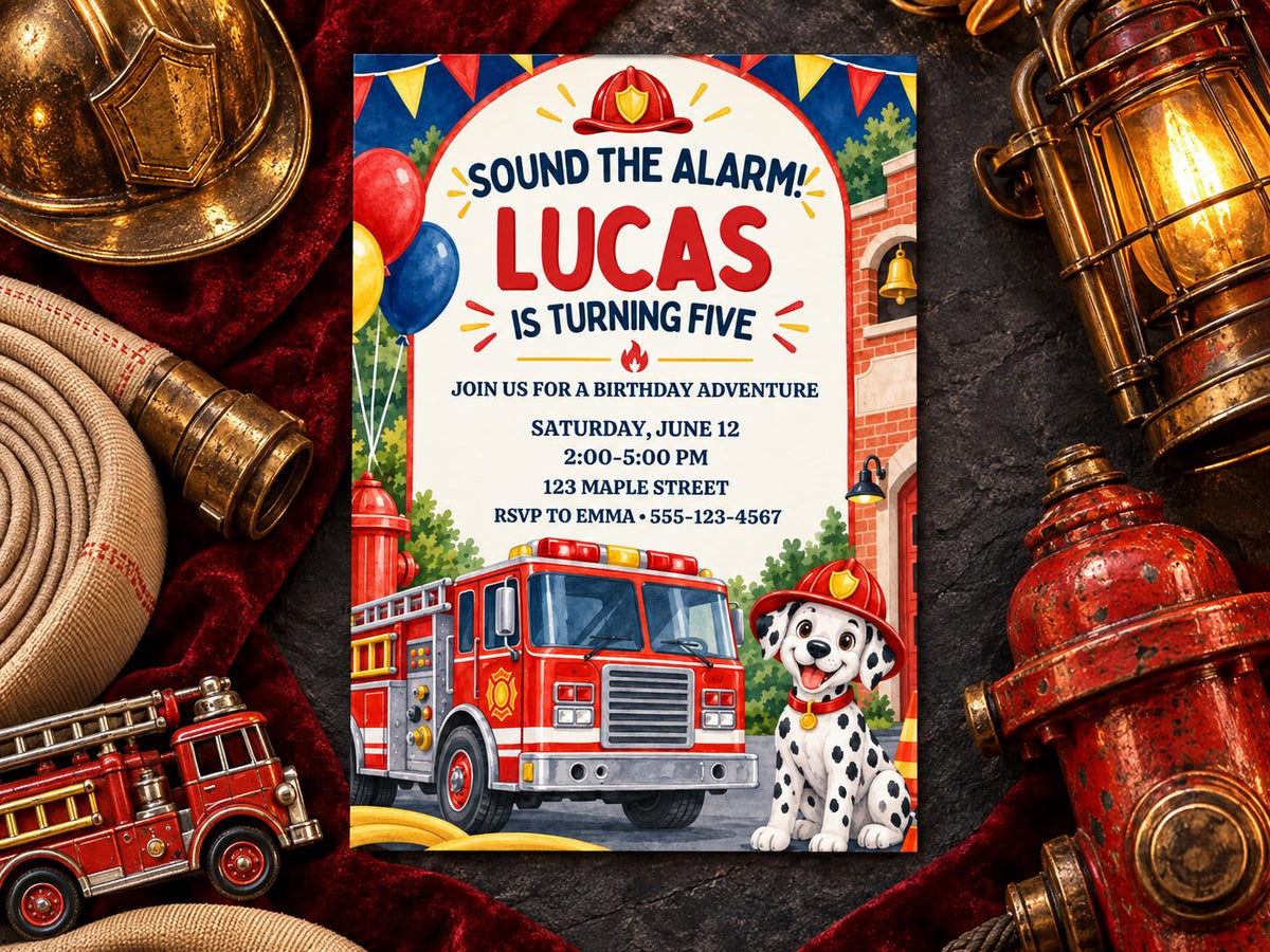 The image is a birthday invitation for a five-year-old named Lucas, featuring a fire truck and a Dalmatian dog as the main decorative elements.