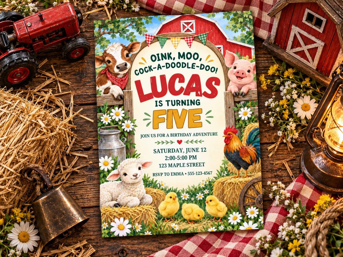 The image is a birthday invitation for a farm-themed party for Lucas, who is turning five. The invitation features illustrations of farm animals such as a cow, pig, chicken, and rooster, along with a barn and hay bales. The invitation also includes details about the party, including the date, time, location, and RSVP information.