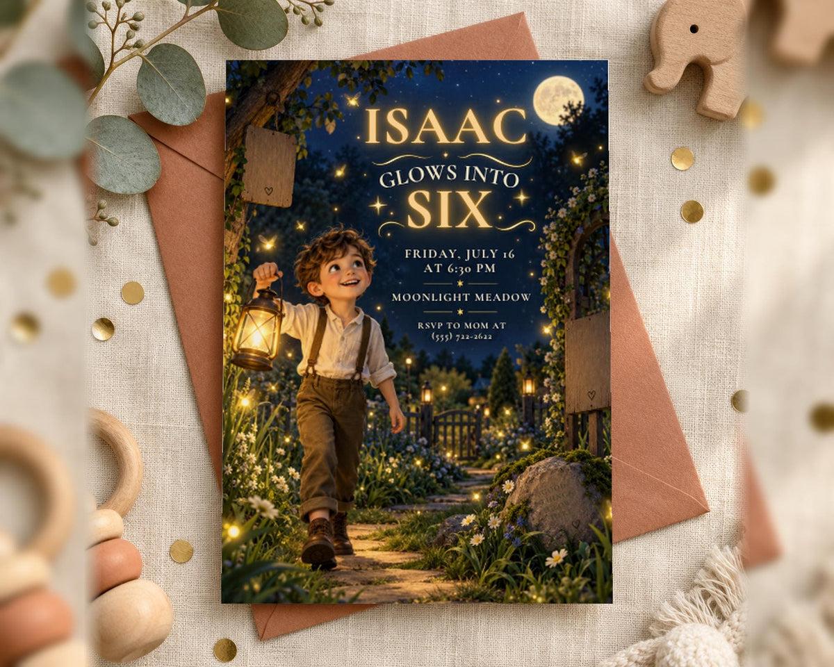 The image is a birthday invitation for a child named Isaac, featuring a young boy holding a lantern and walking through a garden at night.