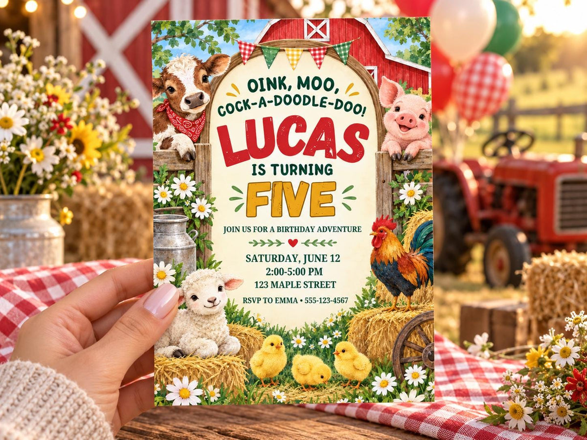 a birthday invitation for a farm-themed party, with illustrations of farm animals such as a pig, cow, and chicken. The invitation is held in front of a barn and hay bales, creating a rustic and charming atmosphere.
